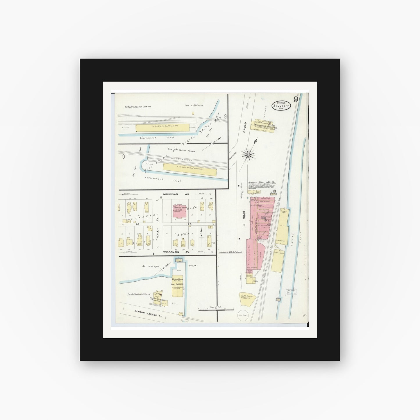 Old map wall art mockup — black gallery frame with white mat — Sanborn Fire Insurance Map from Saint Joseph, Berrien County, Michigan (1908), Sheet #0009