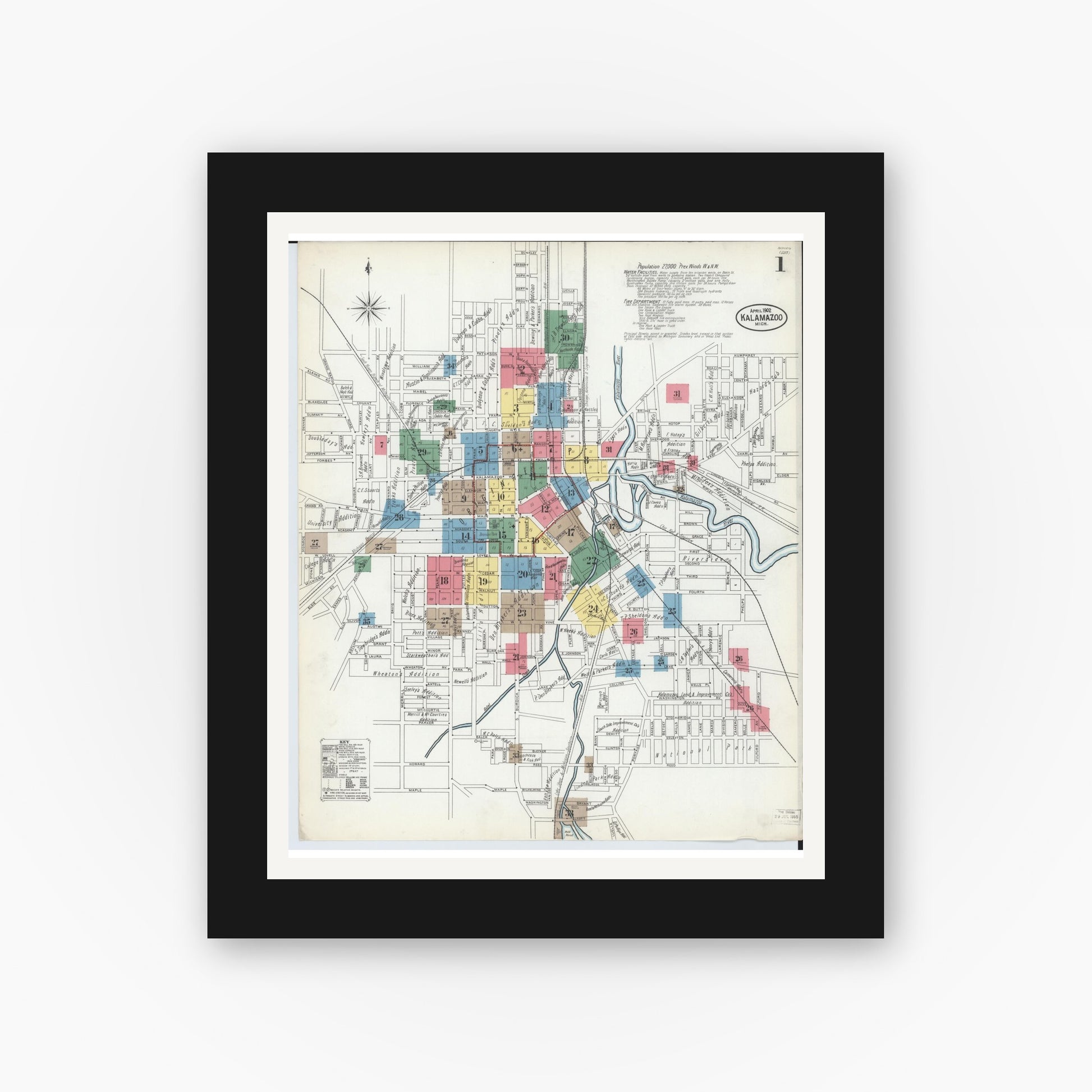 Old map wall art mockup — black gallery frame with white mat — Sanborn Fire Insurance Map from Kalamazoo, Kalamazoo County, Michigan (1902) - Complete Map Set