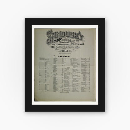 Old map wall art mockup — black gallery frame with white mat — Sanborn Fire Insurance Map from Sandusky, Erie County, Ohio (1893), Sheet #0001