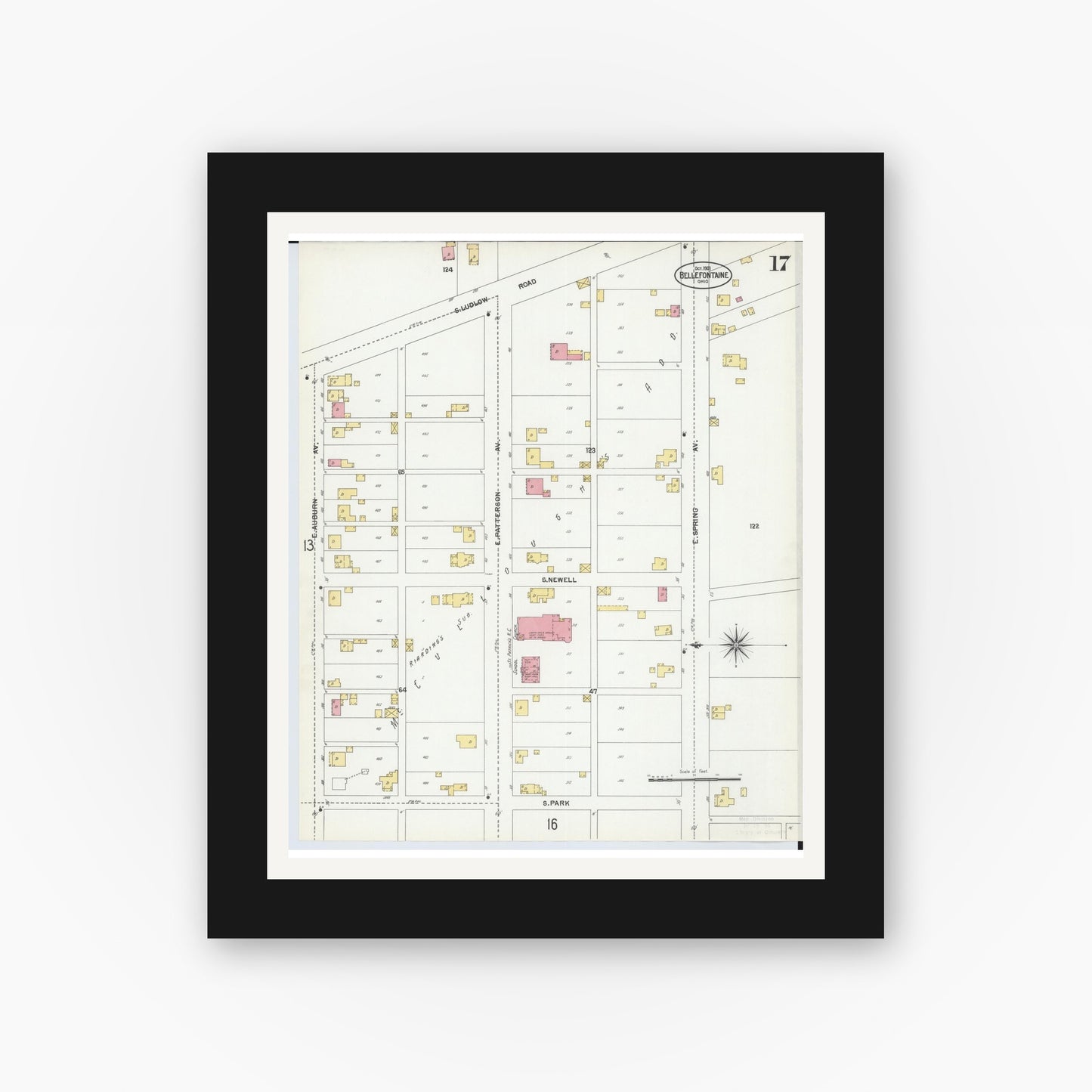 Old map wall art mockup — black gallery frame with white mat — Sanborn Fire Insurance Map from Bellefontaine, Logan County, Ohio (1901), Sheet #0017
