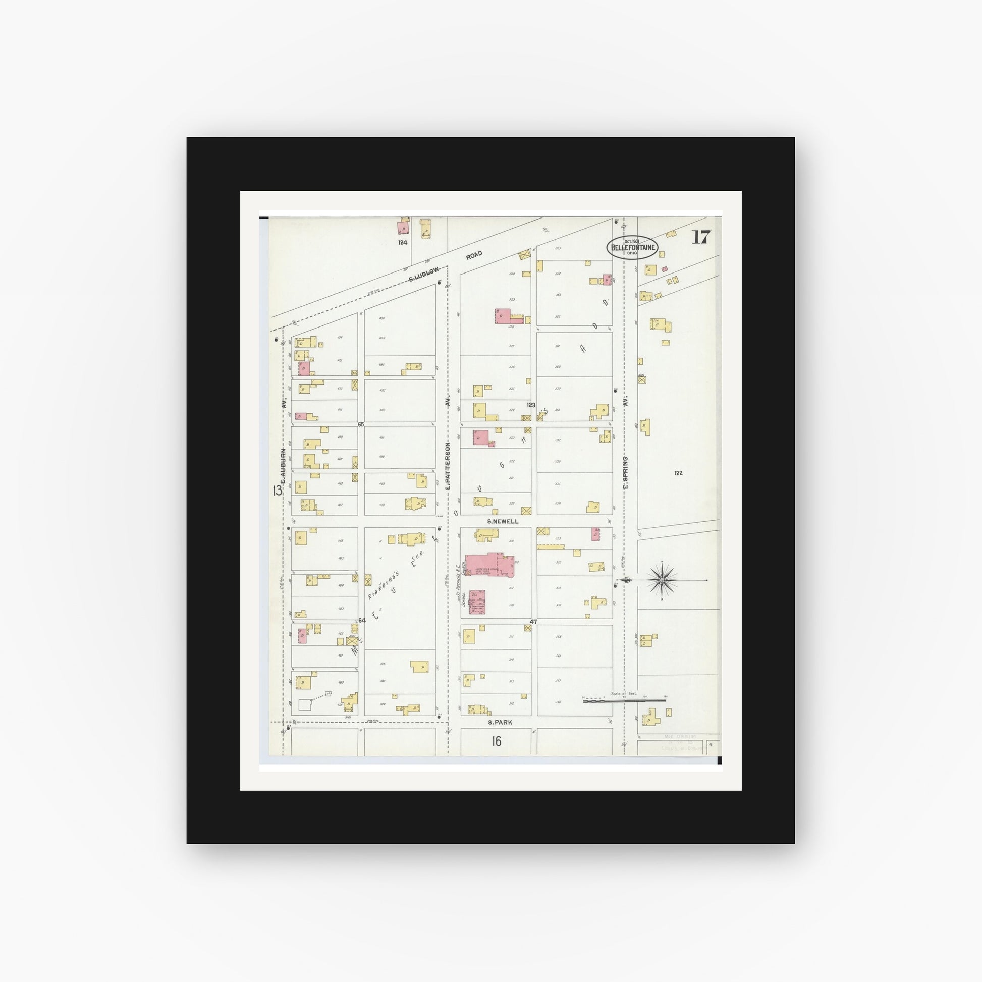 Old map wall art mockup — black gallery frame with white mat — Sanborn Fire Insurance Map from Bellefontaine, Logan County, Ohio (1901), Sheet #0017