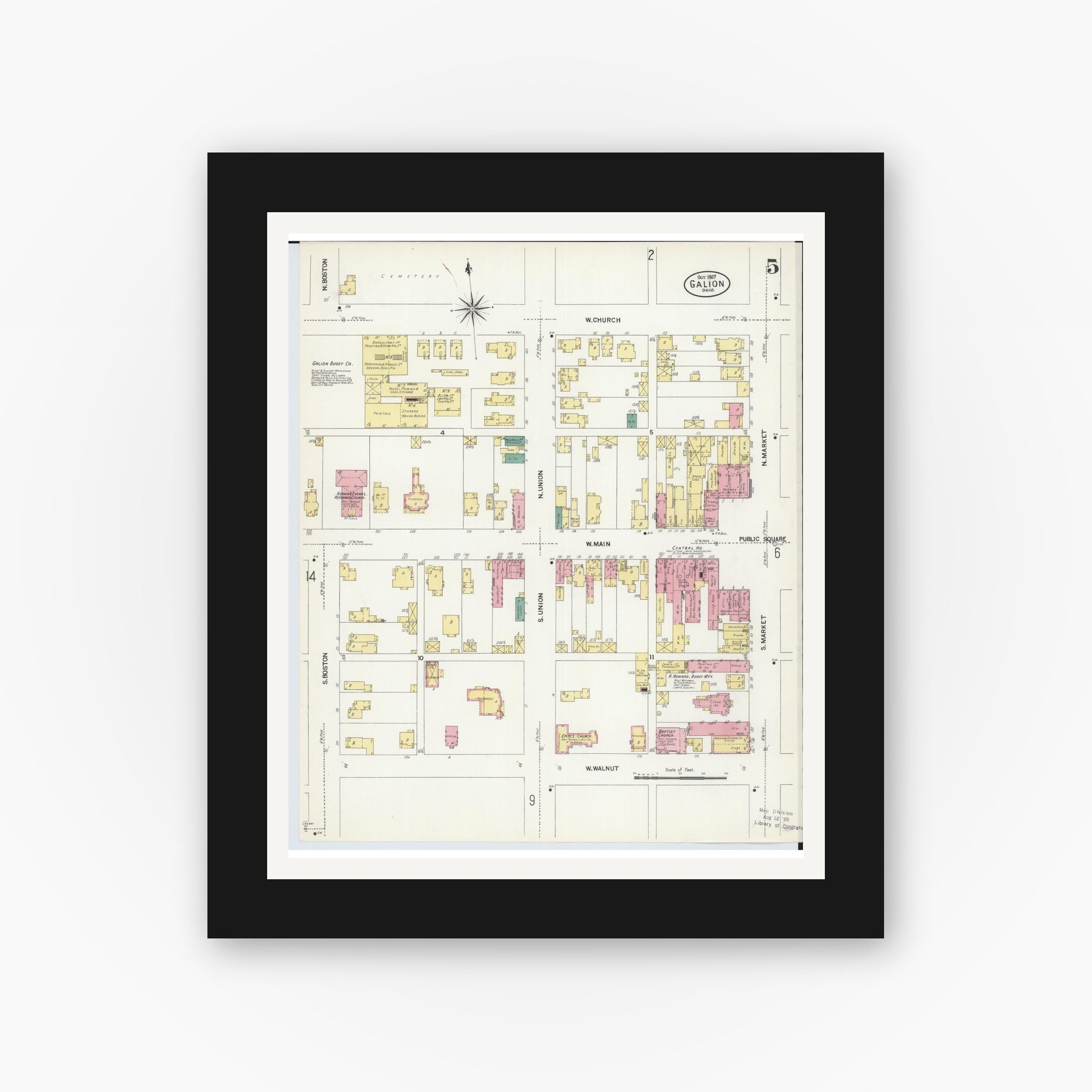 Old map wall art mockup — black gallery frame with white mat — Sanborn Fire Insurance Map from Galion, Crawford County, Ohio (1907), Sheet #0005