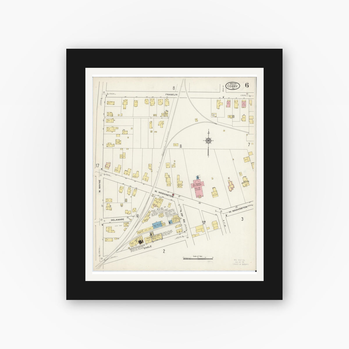 Old map wall art mockup — black gallery frame with white mat — Sanborn Fire Insurance Map from Corry, Erie County, Pennsylvania (1915), Sheet #0006