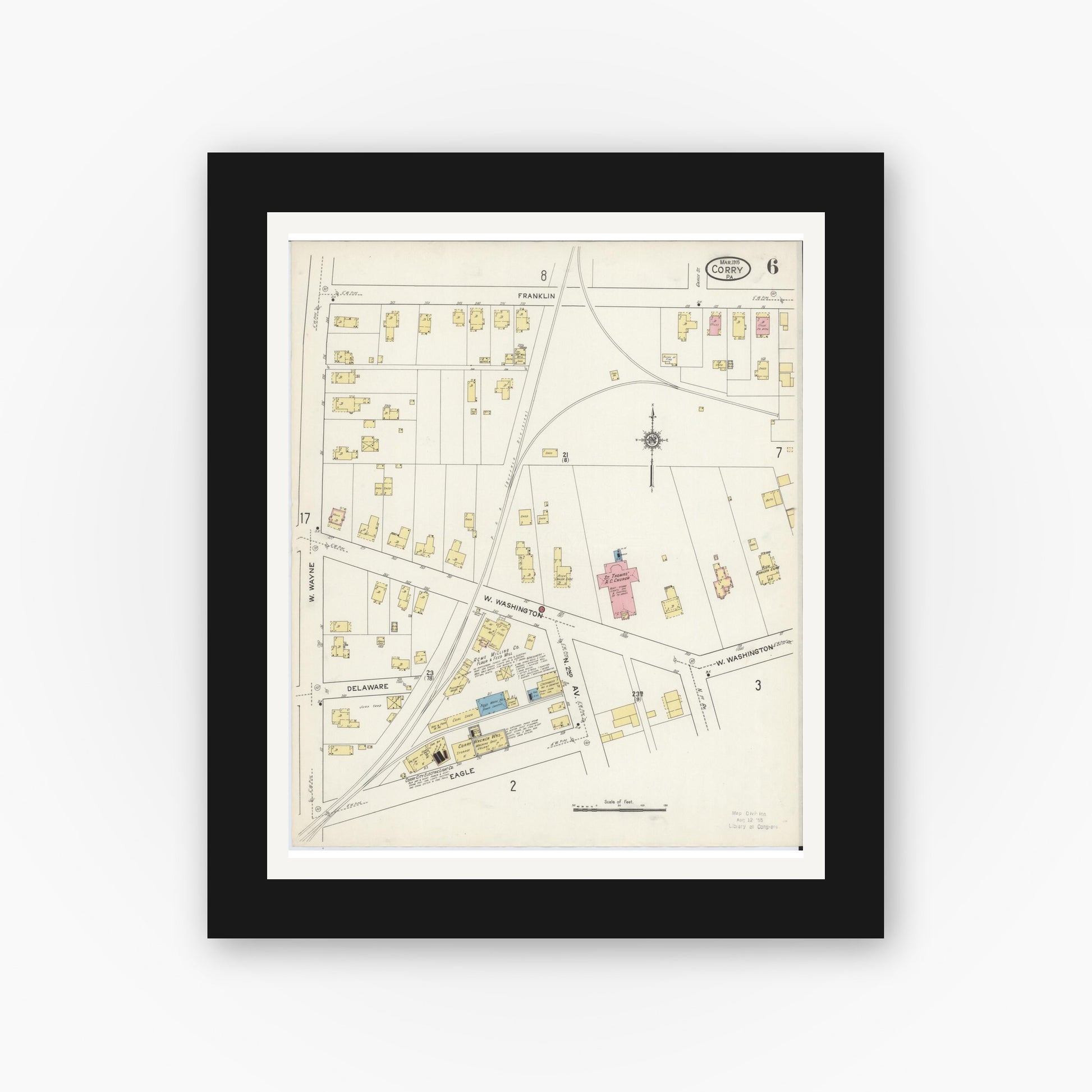Old map wall art mockup — black gallery frame with white mat — Sanborn Fire Insurance Map from Corry, Erie County, Pennsylvania (1915), Sheet #0006