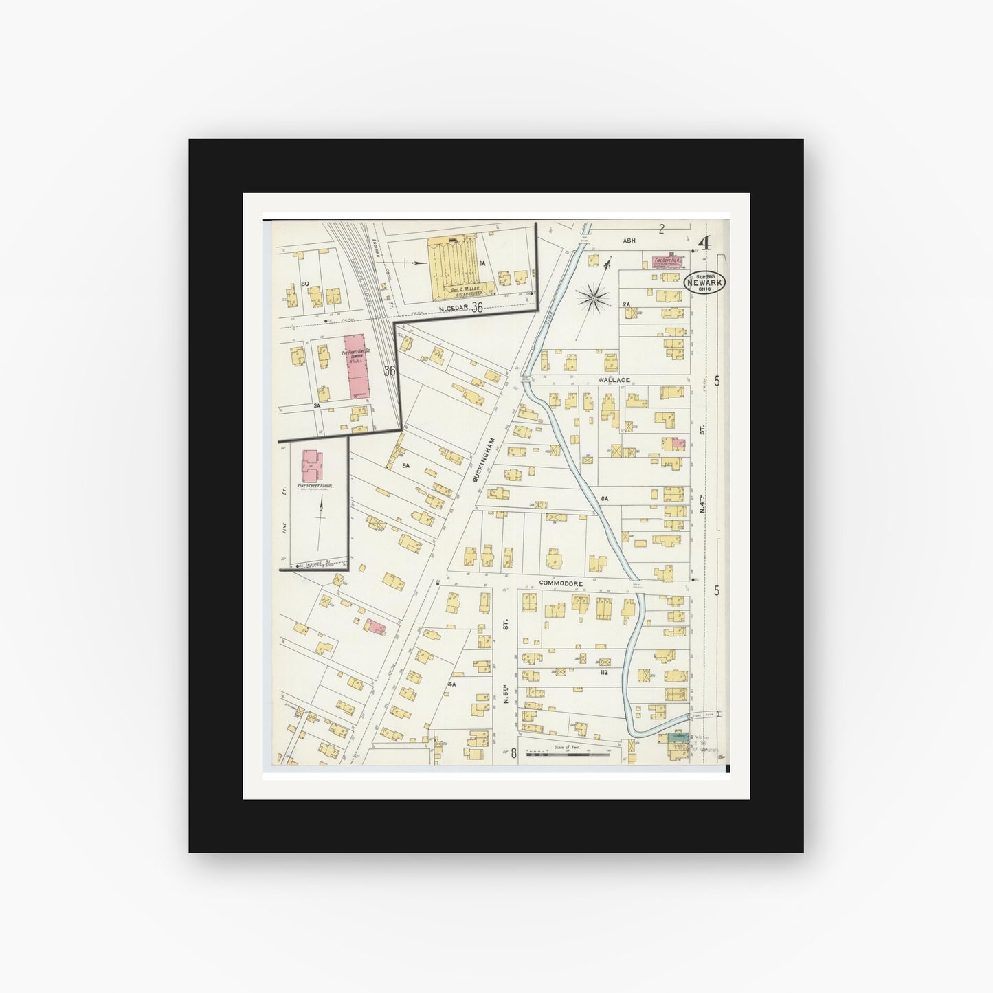 Old map wall art mockup — black gallery frame with white mat — Sanborn Fire Insurance Map from Newark, Licking County, Ohio (1905), Sheet #0004
