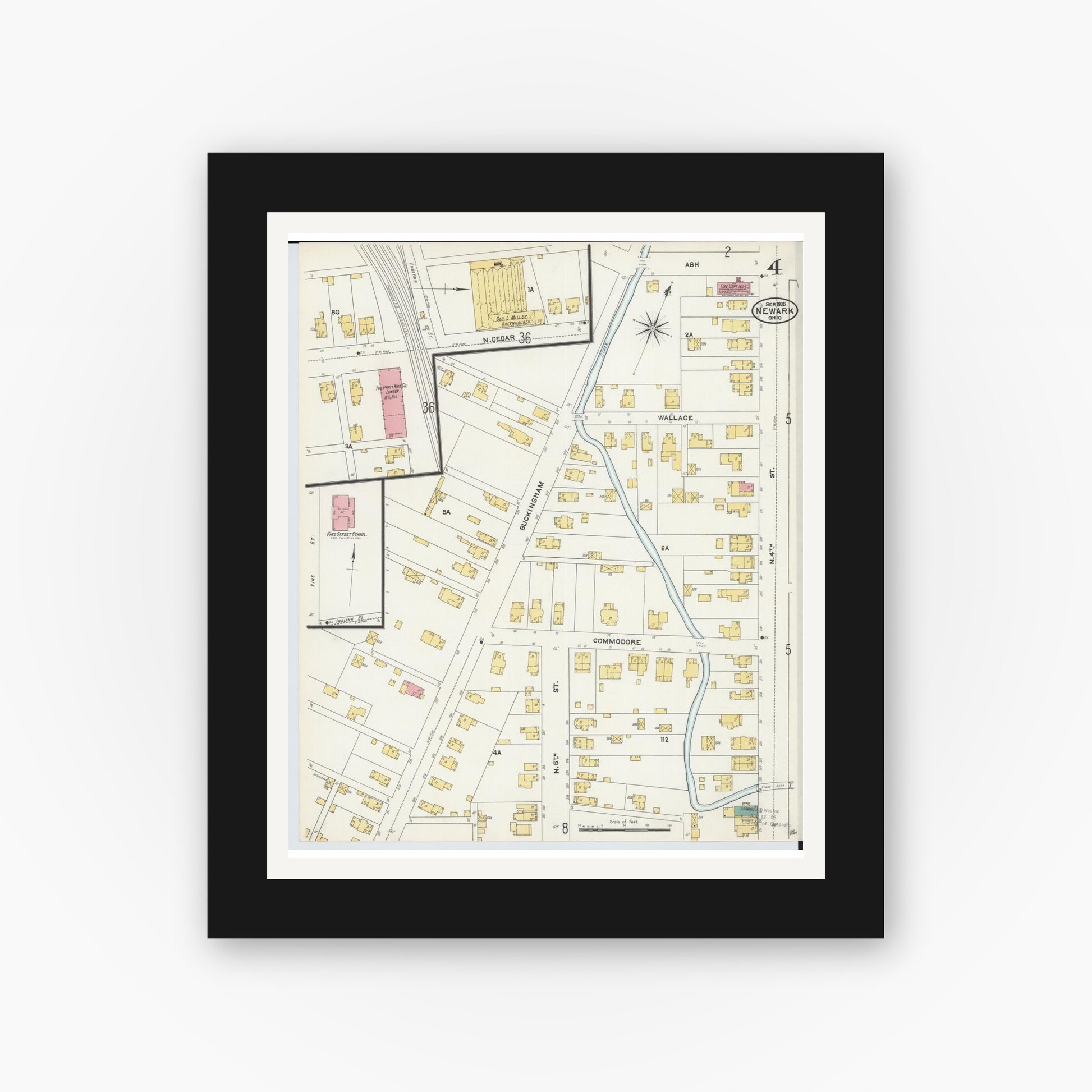 Old map wall art mockup — black gallery frame with white mat — Sanborn Fire Insurance Map from Newark, Licking County, Ohio (1905), Sheet #0004