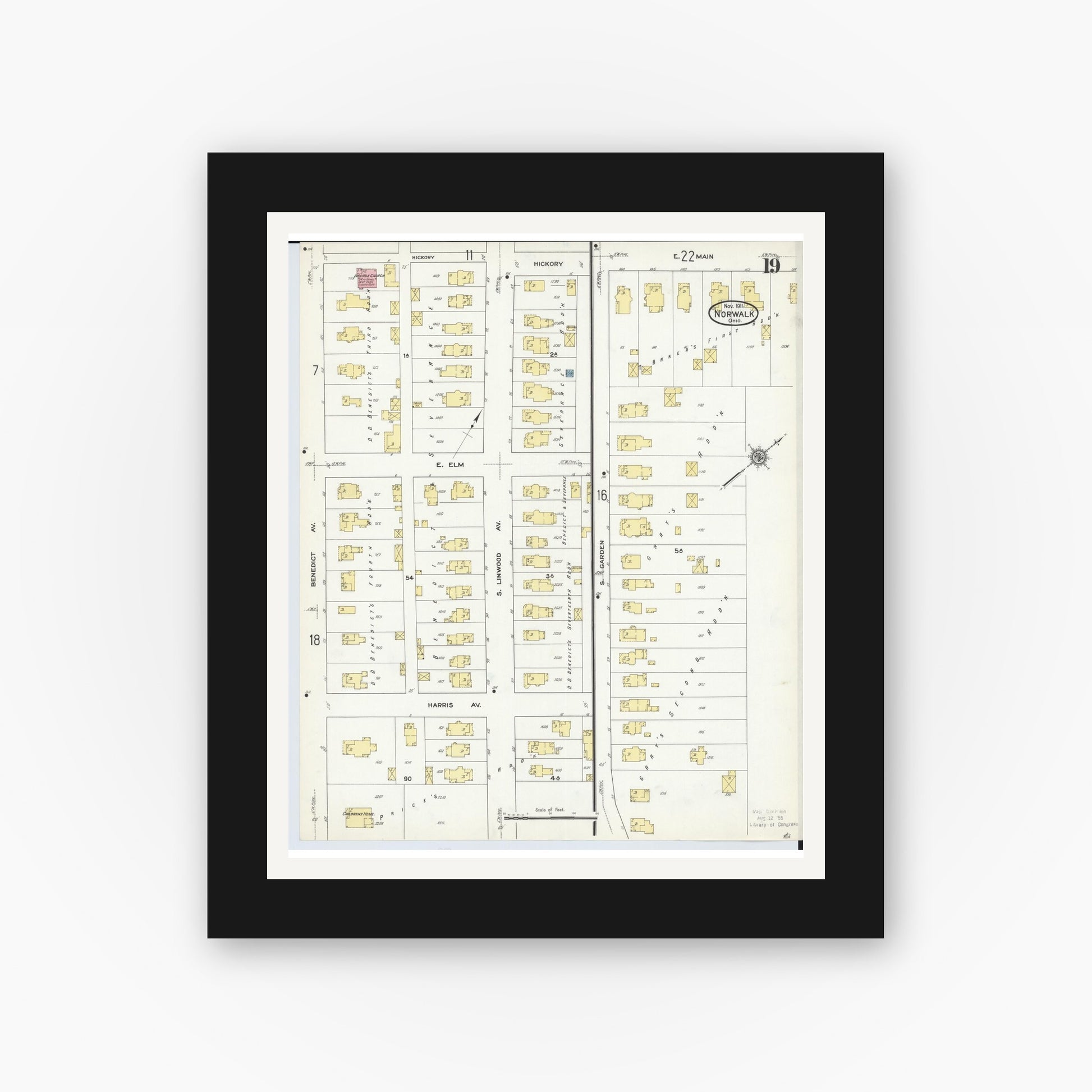 Old map wall art mockup — black gallery frame with white mat — Sanborn Fire Insurance Map from Norwalk, Huron County, Ohio (1911), Sheet #0019