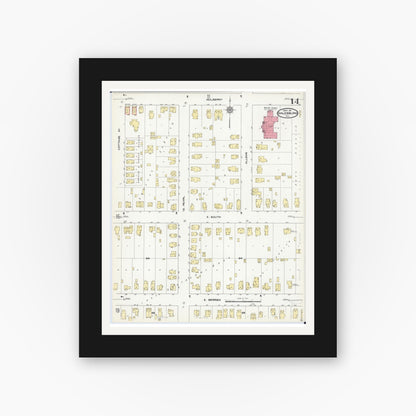 Old map wall art mockup — black gallery frame with white mat — Sanborn Fire Insurance Map from Galesburg, Knox County, Illinois (1911), Sheet #0014