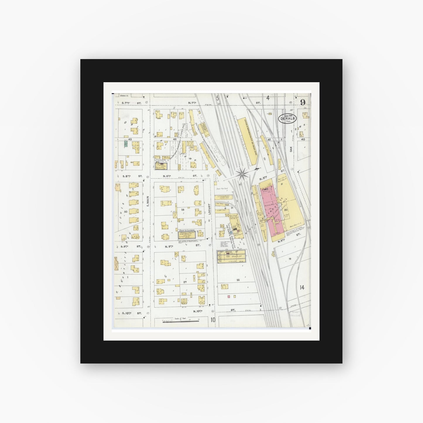 Old map wall art mockup — black gallery frame with white mat — Sanborn Fire Insurance Map from De Kalb, De Kalb County, Illinois (1905), Sheet #0009