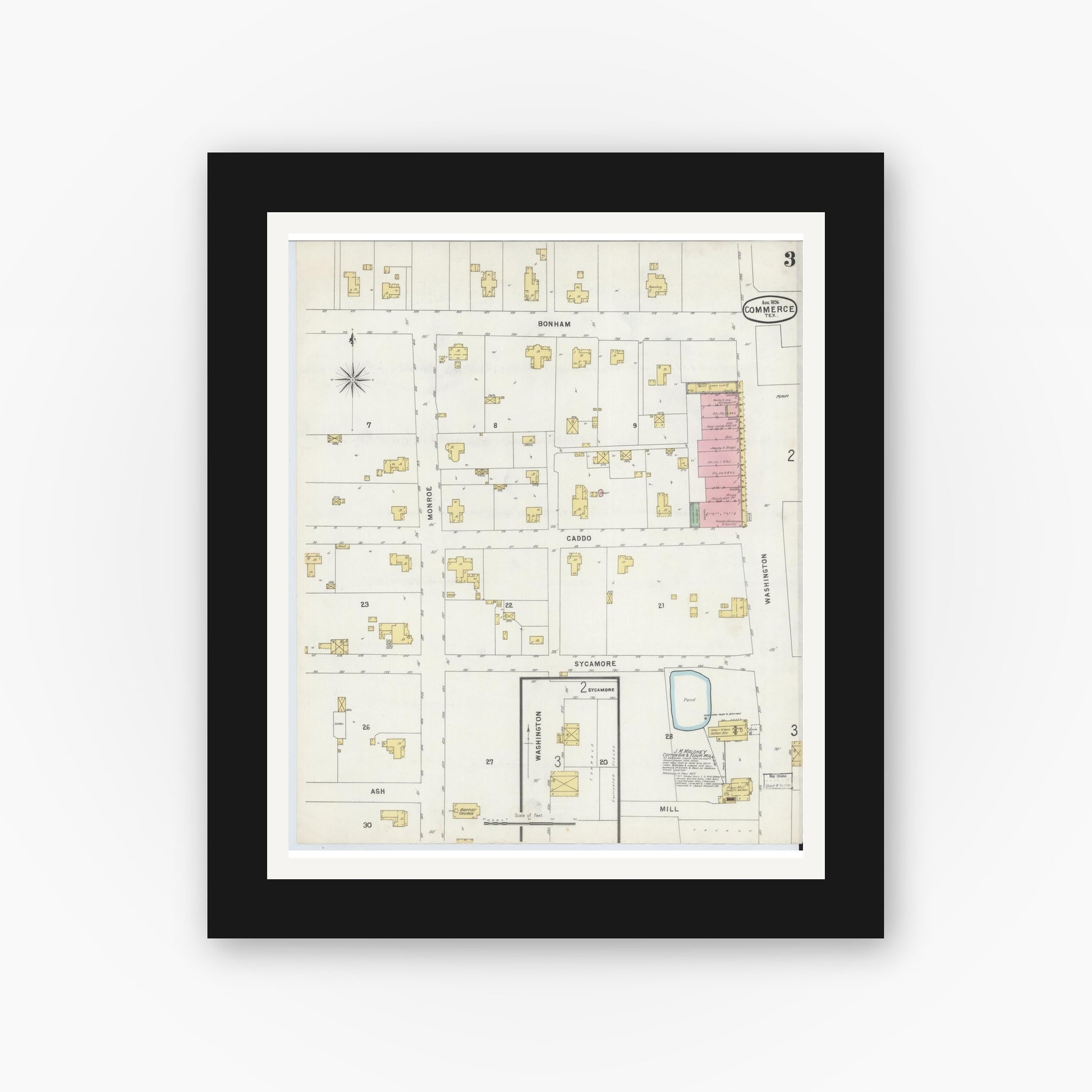 Old map wall art mockup — black gallery frame with white mat — Sanborn Fire Insurance Map from Commerce, Hunt County, Texas (1896), Sheet #0003