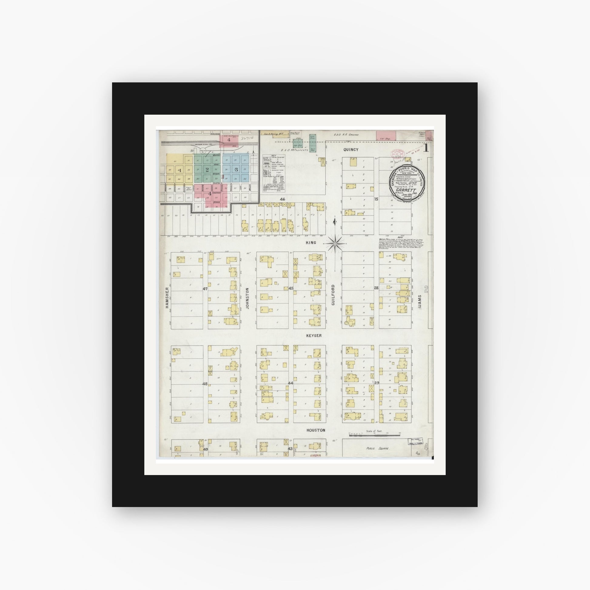 Old map wall art mockup — black gallery frame with white mat — Sanborn Fire Insurance Map from Garrett, De Kalb County, Indiana (1895) - Complete Map Set