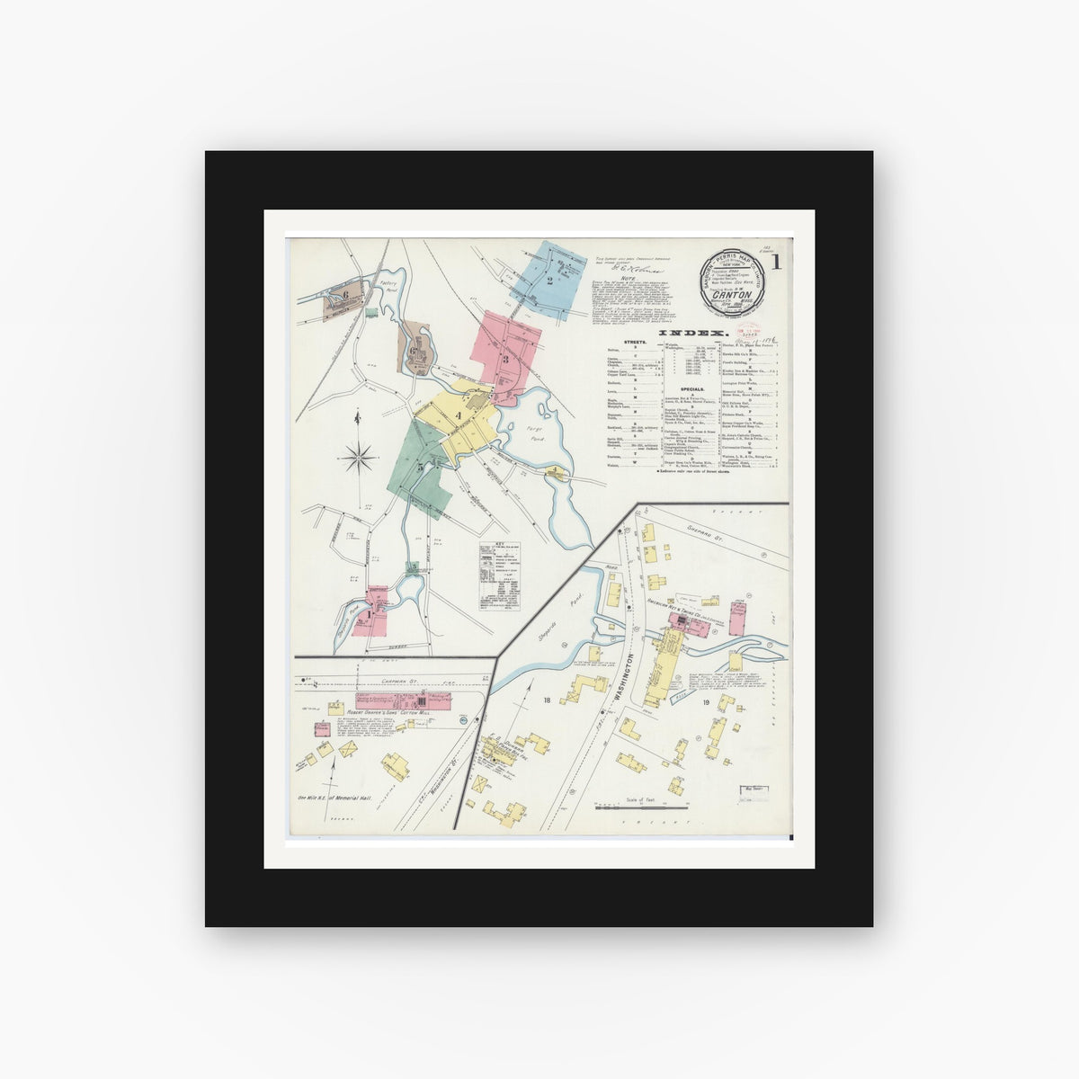 Old map wall art mockup — black gallery frame with white mat — Sanborn Fire Insurance Map from Canton, Norfolk County, Massachusetts (1896) - Complete Map Set