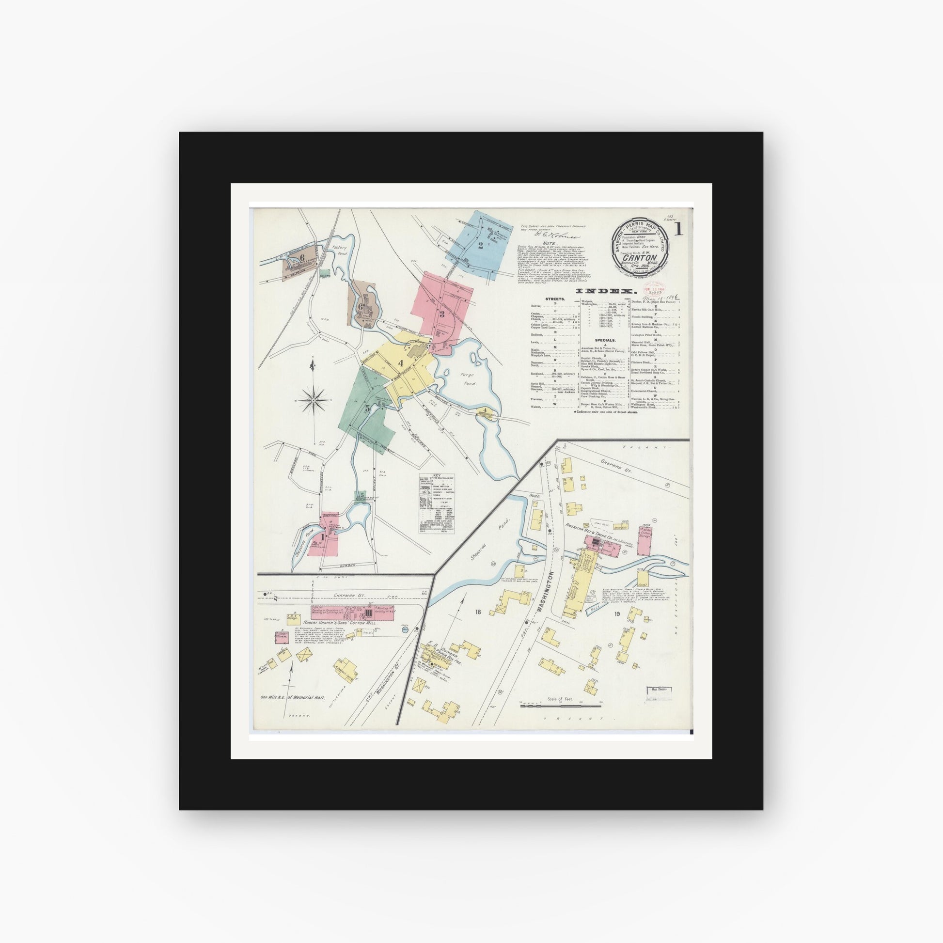 Old map wall art mockup — black gallery frame with white mat — Sanborn Fire Insurance Map from Canton, Norfolk County, Massachusetts (1896) - Complete Map Set