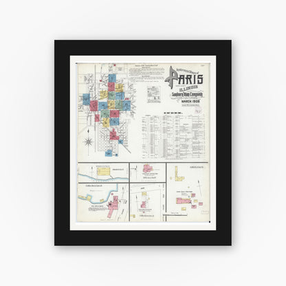 Old map wall art mockup — black gallery frame with white mat — Sanborn Fire Insurance Map from Paris, Edgar County, Illinois (1908), Sheet #0001