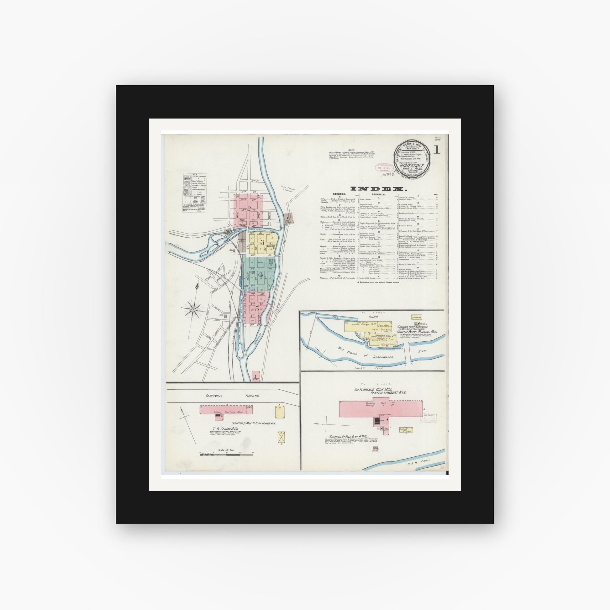 Old map wall art mockup — black gallery frame with white mat — Sanborn Fire Insurance Map from Honesdale, Wayne County, Pennsylvania (1892), Sheet #0001