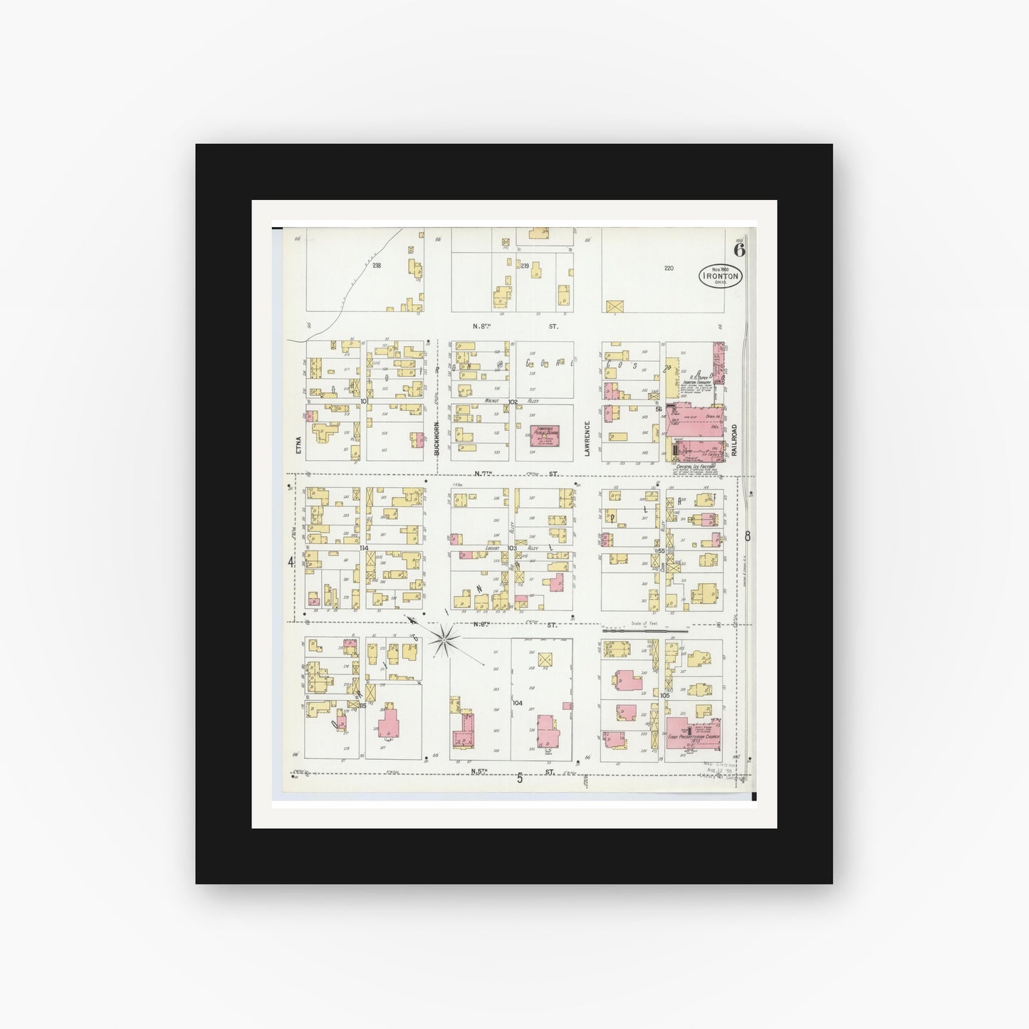 Old map wall art mockup — black gallery frame with white mat — Sanborn Fire Insurance Map from Ironton, Lawrence County, Ohio (1900), Sheet #0006