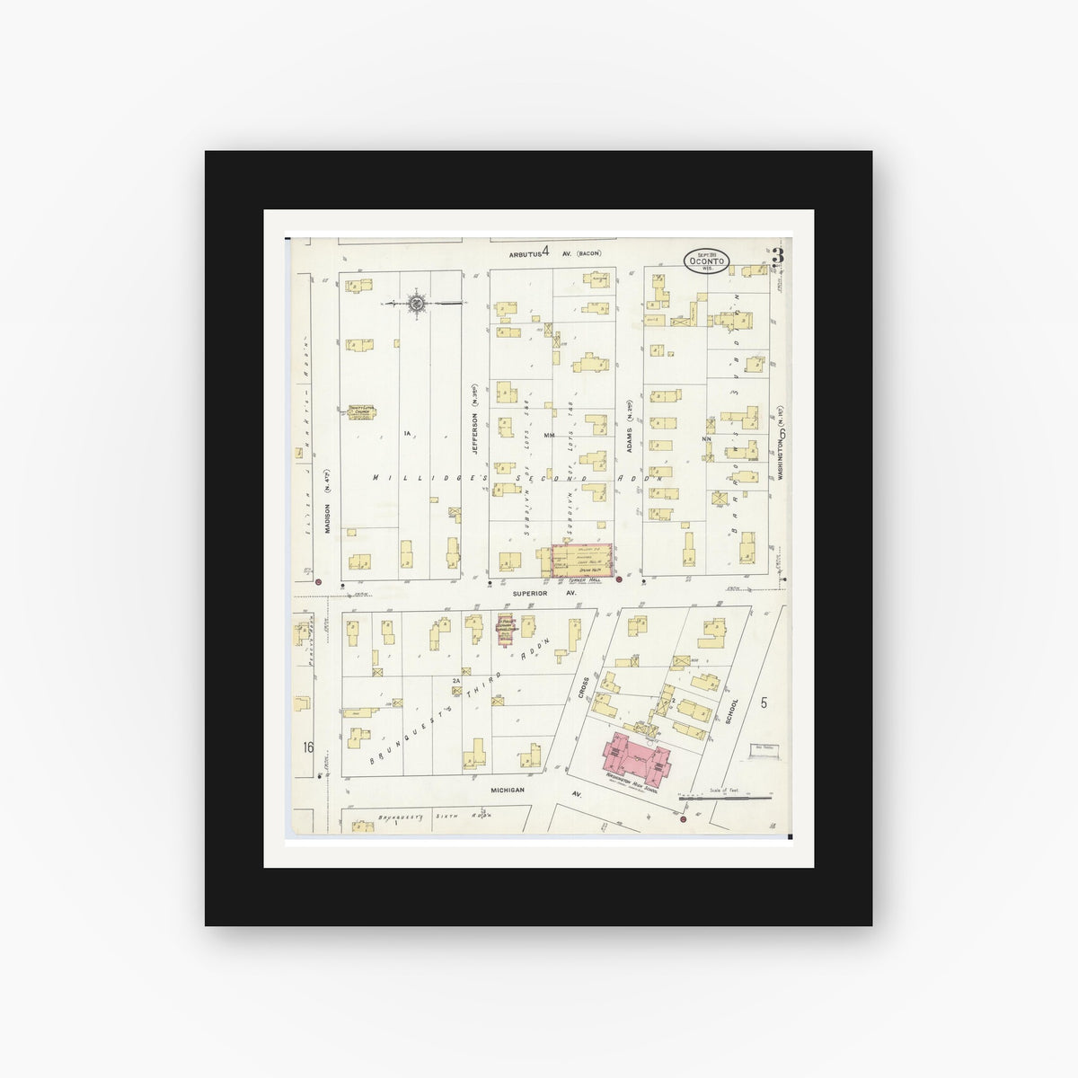 Old map wall art mockup — black gallery frame with white mat — Sanborn Fire Insurance Map from Oconto, Oconto County, Wisconsin (1911), Sheet #0003