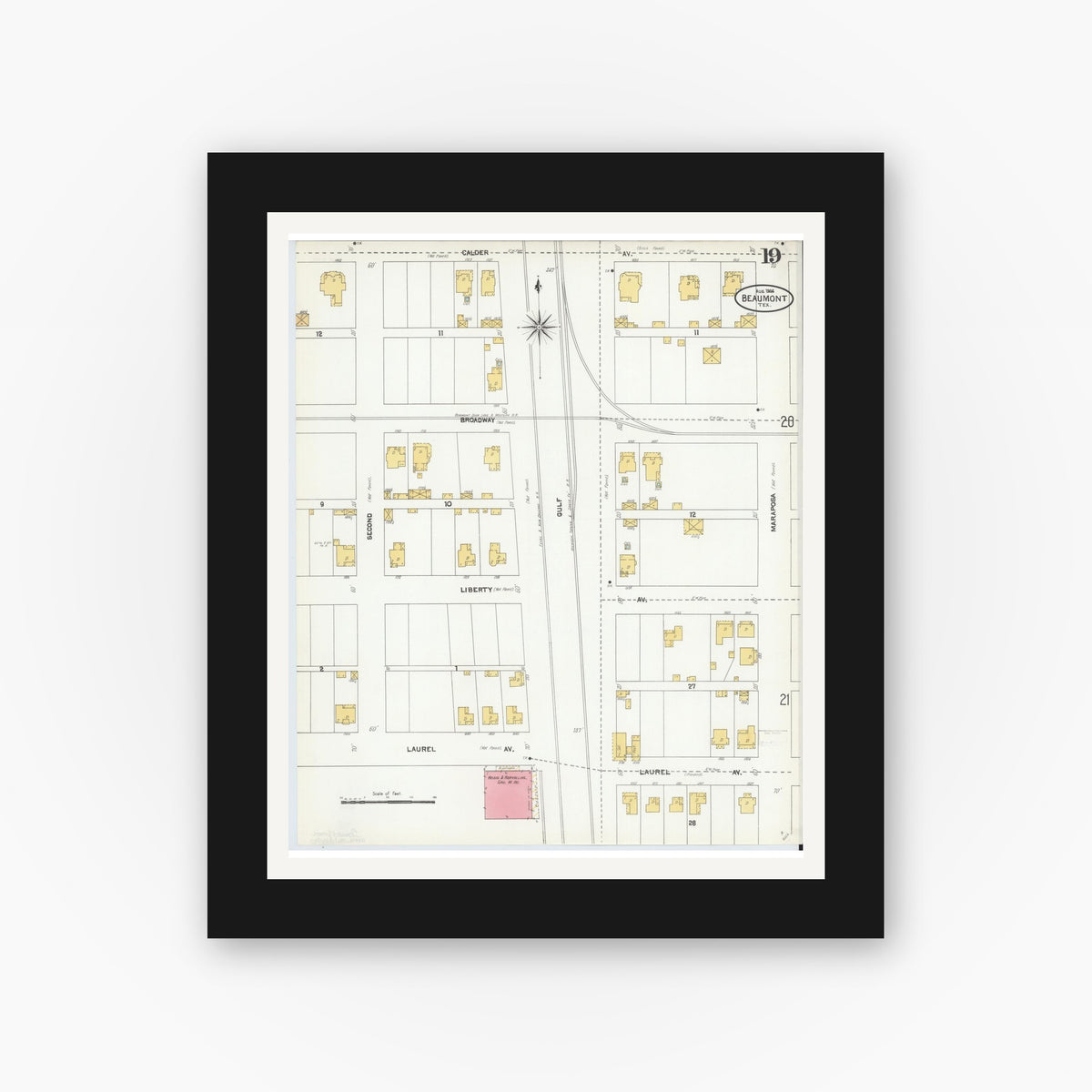 Old map wall art mockup — black gallery frame with white mat — Sanborn Fire Insurance Map from Beaumont, Jefferson County, Texas (1904), Sheet #0019