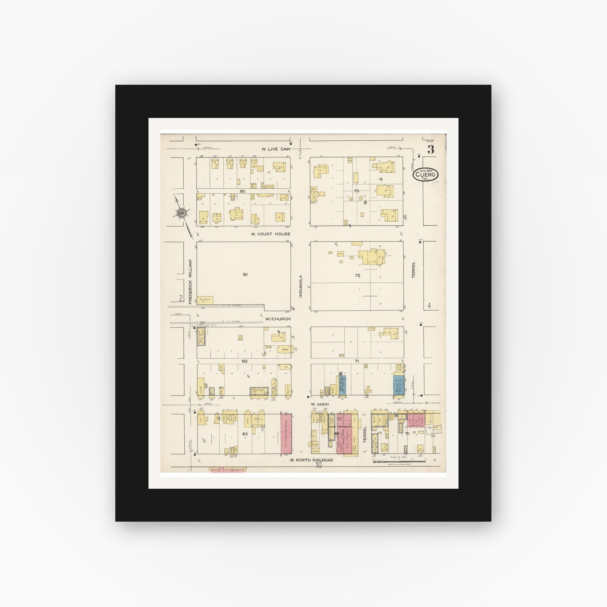 Old map wall art mockup — black gallery frame with white mat — Sanborn Fire Insurance Map from Cuero, De Witt County, Texas (1922), Sheet #0003