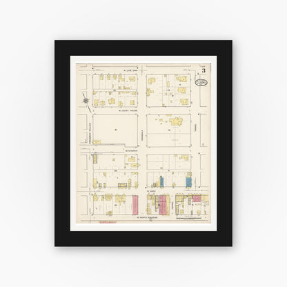 Old map wall art mockup — black gallery frame with white mat — Sanborn Fire Insurance Map from Cuero, De Witt County, Texas (1922), Sheet #0003