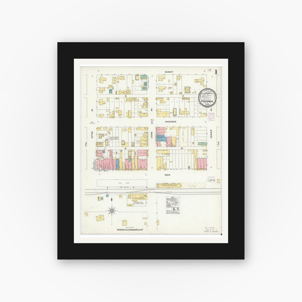 Old map wall art mockup — black gallery frame with white mat — Sanborn Fire Insurance Map from Schulenburg, Fayette County, Texas (1901) - Complete Map Set