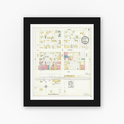 Old map wall art mockup — black gallery frame with white mat — Sanborn Fire Insurance Map from Schulenburg, Fayette County, Texas (1901) - Complete Map Set