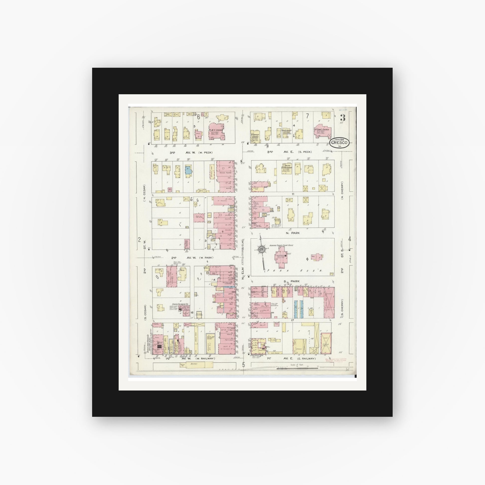 Old map wall art mockup — black gallery frame with white mat — Sanborn Fire Insurance Map from Cresco, Howard County, Iowa (1914), Sheet #0003