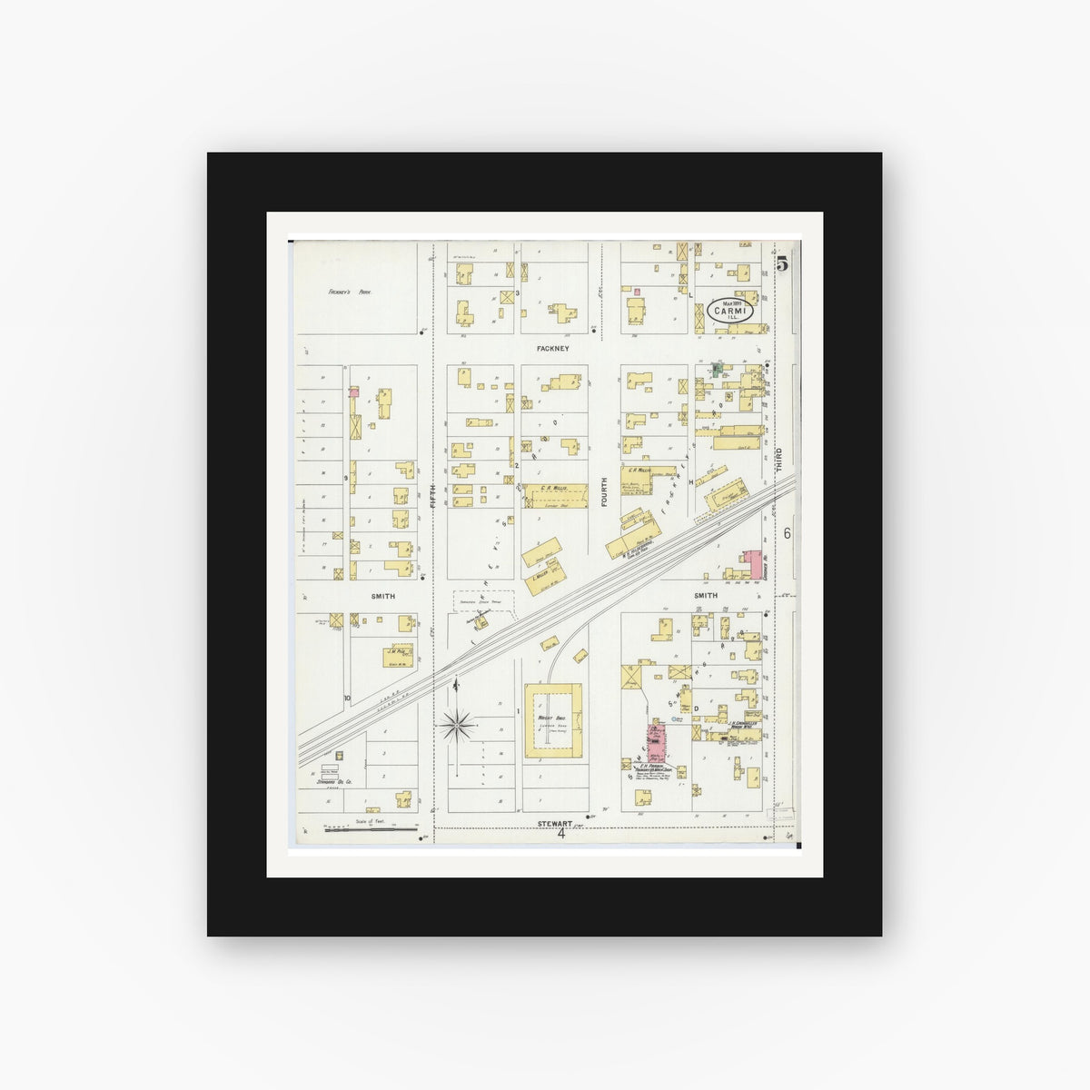 Old map wall art mockup — black gallery frame with white mat — Sanborn Fire Insurance Map from Carmi, White County, Illinois (1899), Sheet #0005