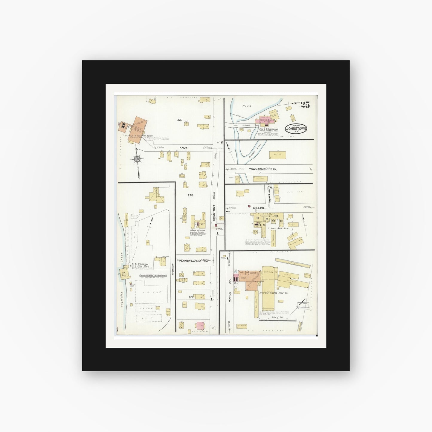 Old map wall art mockup — black gallery frame with white mat — Sanborn Fire Insurance Map from Johnstown, Fulton County, New York (1912), Sheet #0025