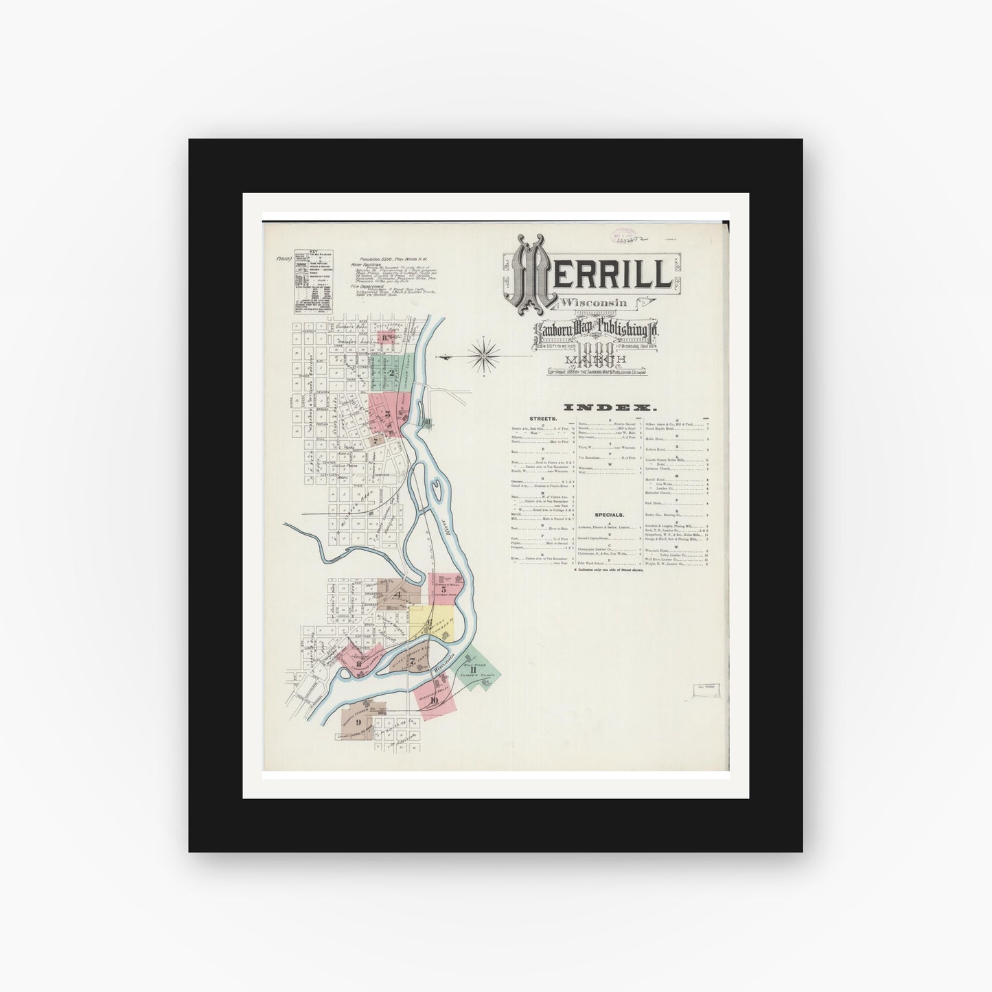 Old map wall art mockup — black gallery frame with white mat — Sanborn Fire Insurance Map from Merrill, Lincoln County, Wisconsin (1888), Sheet #0001