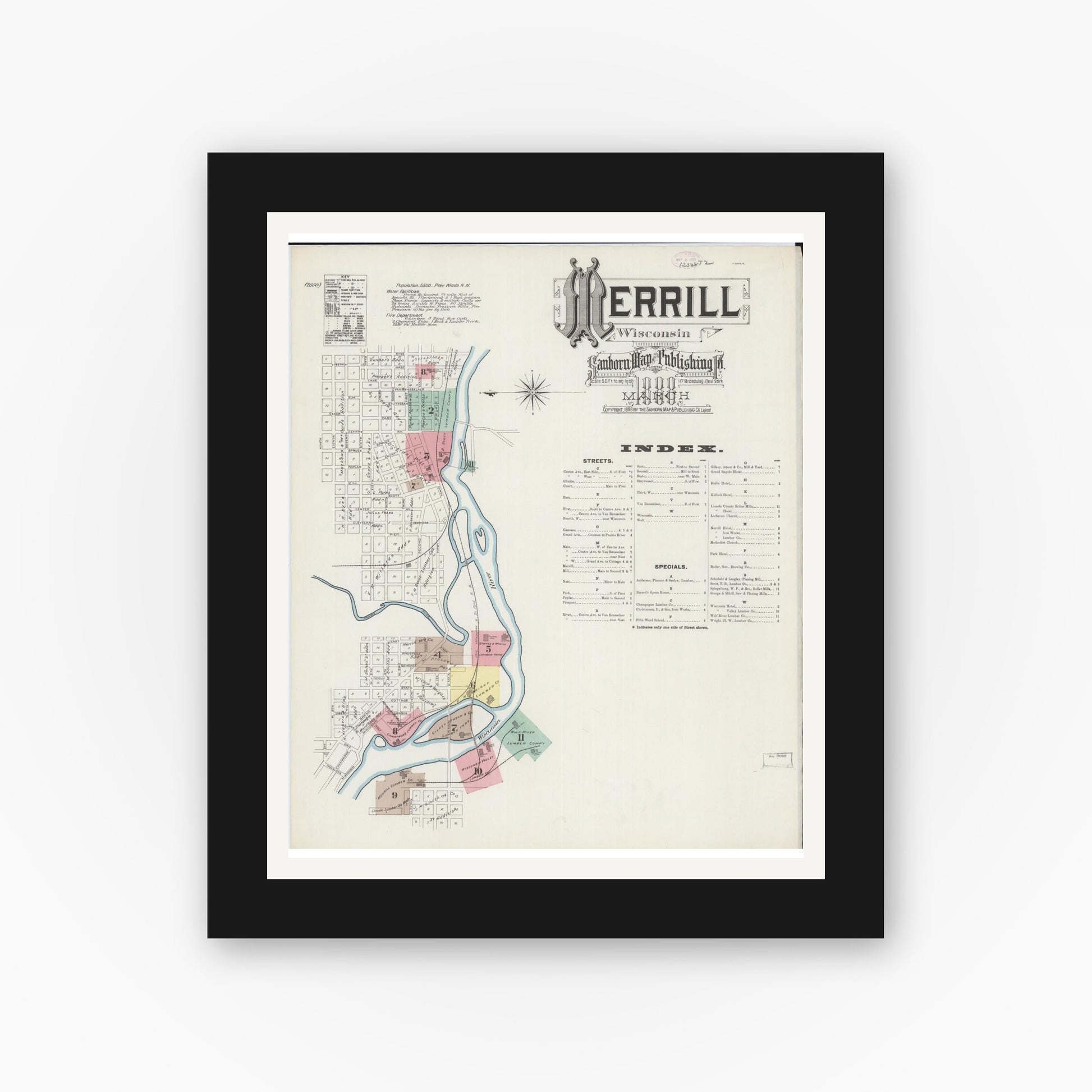 Old map wall art mockup — black gallery frame with white mat — Sanborn Fire Insurance Map from Merrill, Lincoln County, Wisconsin (1888), Sheet #0001