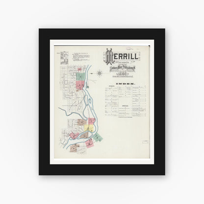 Old map wall art mockup — black gallery frame with white mat — Sanborn Fire Insurance Map from Merrill, Lincoln County, Wisconsin (1888), Sheet #0001