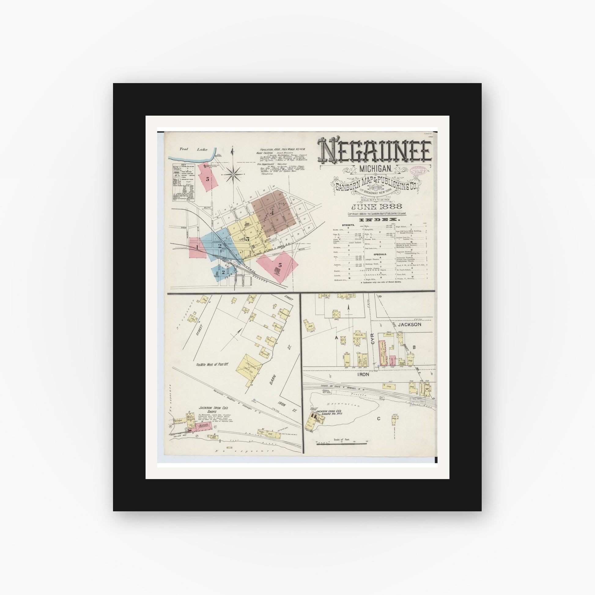 Old map wall art mockup — black gallery frame with white mat — Sanborn Fire Insurance Map from Negaunee, Marquette County, Michigan (1888) - Complete Map Set