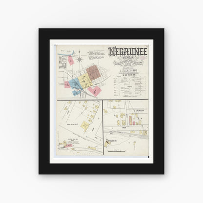 Old map wall art mockup — black gallery frame with white mat — Sanborn Fire Insurance Map from Negaunee, Marquette County, Michigan (1888) - Complete Map Set