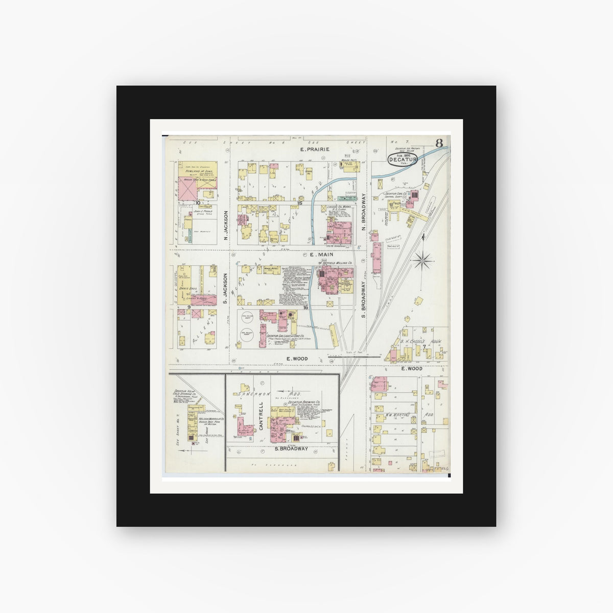 Old map wall art mockup — black gallery frame with white mat — Sanborn Fire Insurance Map from Decatur, Macon County, Illinois (1892), Sheet #0008