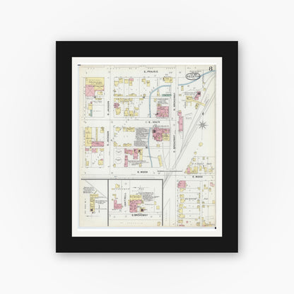 Old map wall art mockup — black gallery frame with white mat — Sanborn Fire Insurance Map from Decatur, Macon County, Illinois (1892), Sheet #0008