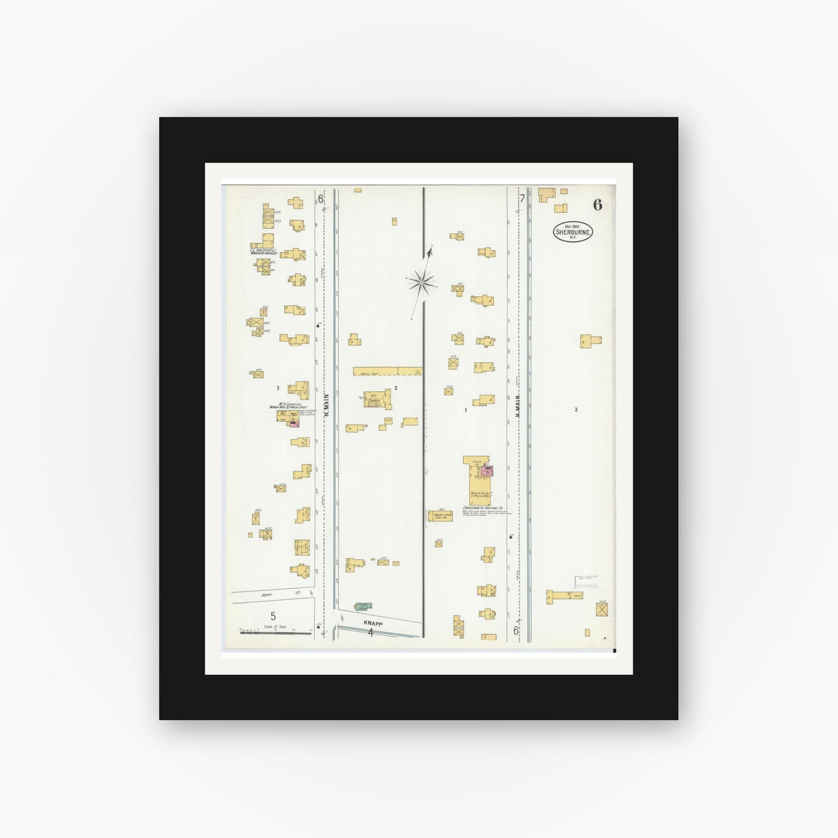 Old map wall art mockup — black gallery frame with white mat — Sanborn Fire Insurance Map from Sherburne, Chenango County, New York (1900), Sheet #0006