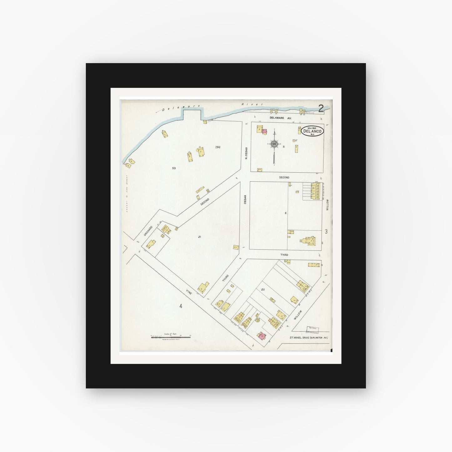 Old map wall art mockup — black gallery frame with white mat — Sanborn Fire Insurance Map from Delanco, Burlington County, New Jersey (1921), Sheet #0002