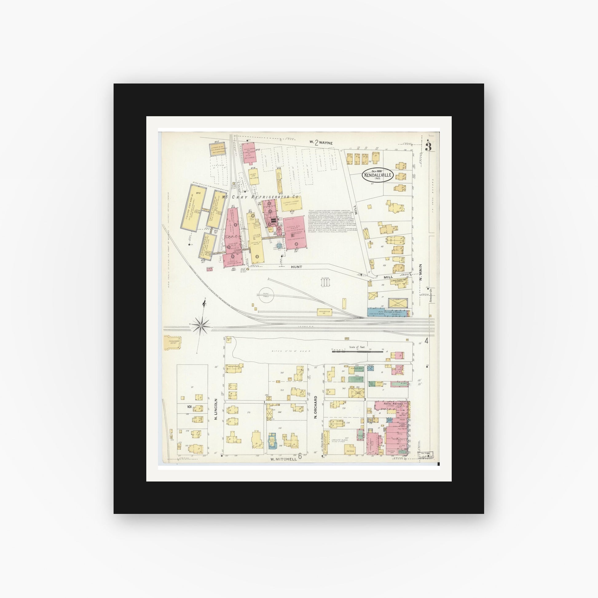 Old map wall art mockup — black gallery frame with white mat — Sanborn Fire Insurance Map from Kendallville, Noble County, Indiana (1908), Sheet #0003