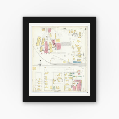 Old map wall art mockup — black gallery frame with white mat — Sanborn Fire Insurance Map from Kendallville, Noble County, Indiana (1908), Sheet #0003