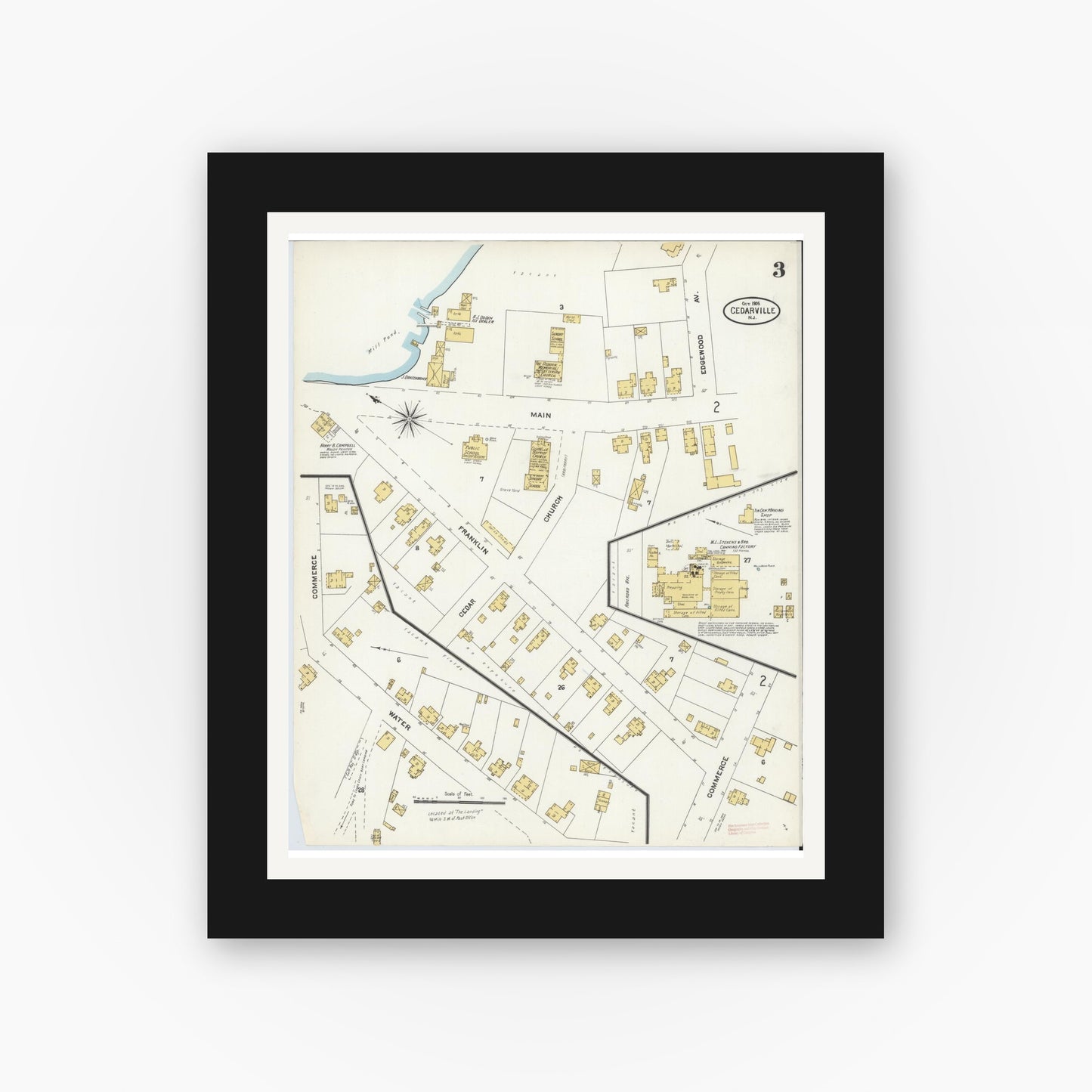Old map wall art mockup — black gallery frame with white mat — Sanborn Fire Insurance Map from Cedarville, Cumberland County, New Jersey (1905), Sheet #0003