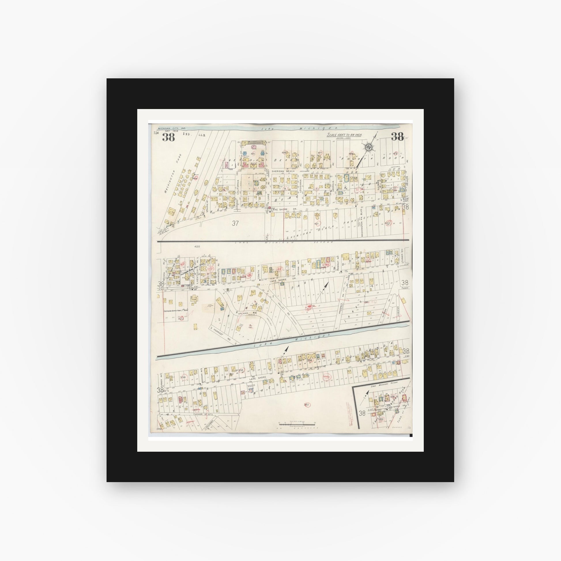 Old map wall art mockup — black gallery frame with white mat — Sanborn Fire Insurance Map from Michigan City, La Porte County, Indiana (1948), Sheet #0038