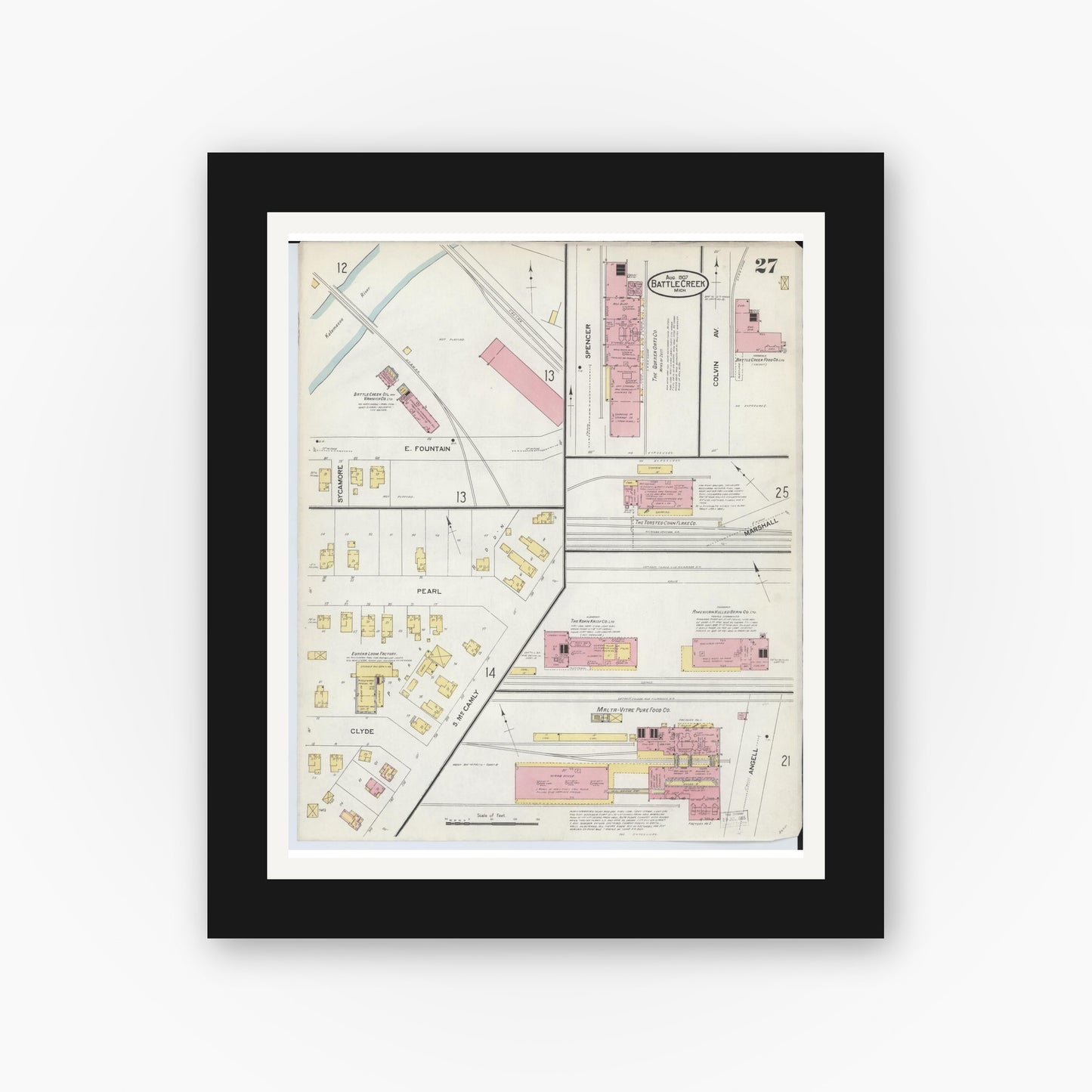 Old map wall art mockup — black gallery frame with white mat — Sanborn Fire Insurance Map from Battle Creek, Calhoun County, Michigan (1907), Sheet #0027