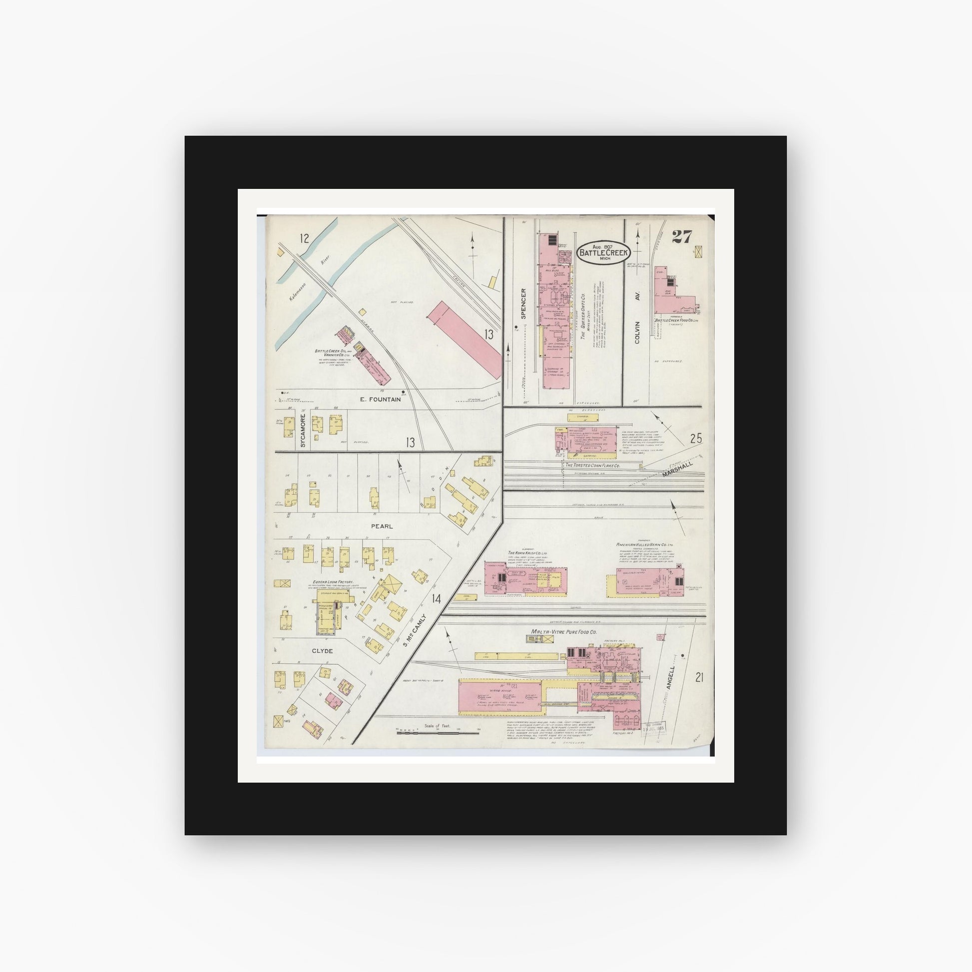 Old map wall art mockup — black gallery frame with white mat — Sanborn Fire Insurance Map from Battle Creek, Calhoun County, Michigan (1907), Sheet #0027