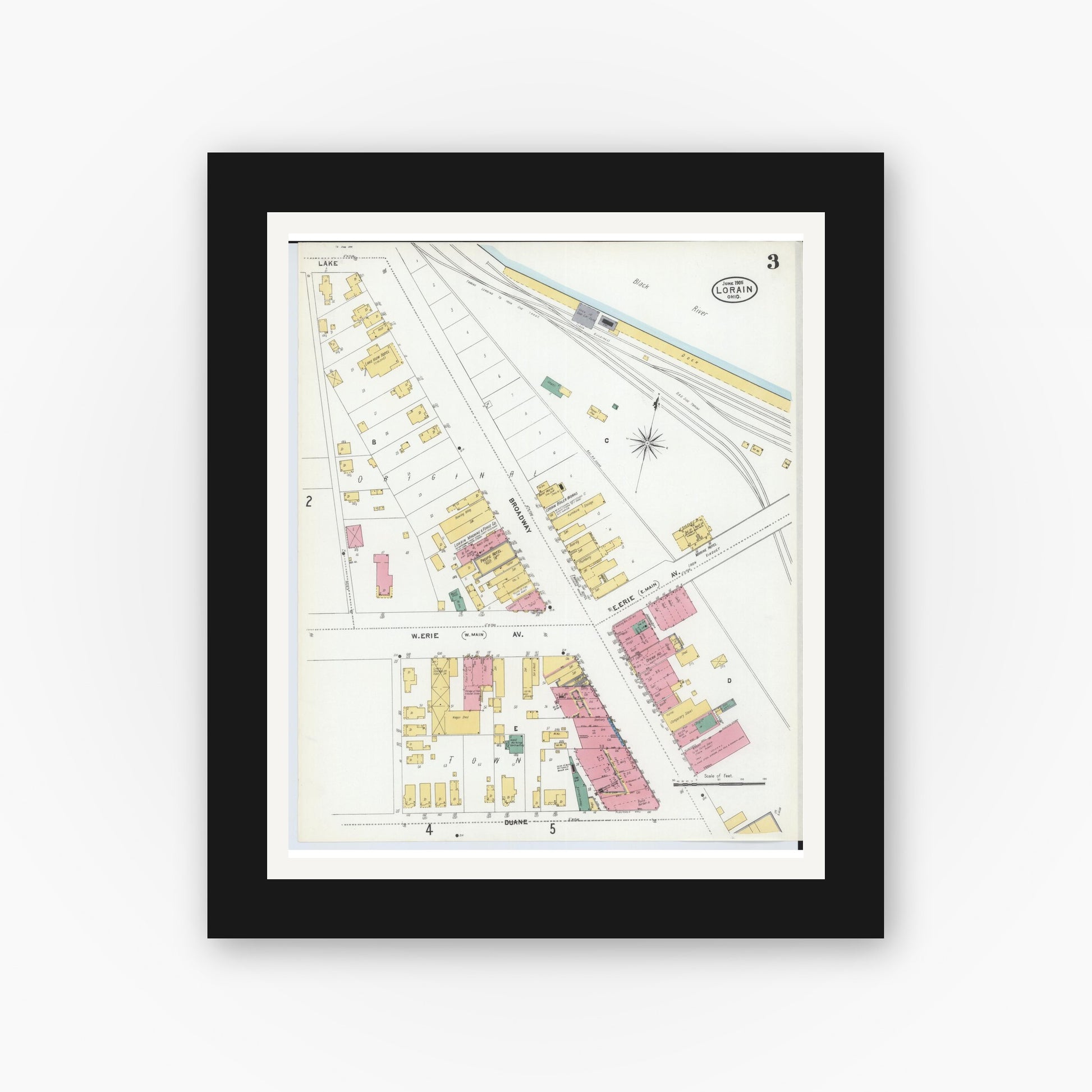 Old map wall art mockup — black gallery frame with white mat — Sanborn Fire Insurance Map from Lorain, Lorain County, Ohio (1905), Sheet #0003
