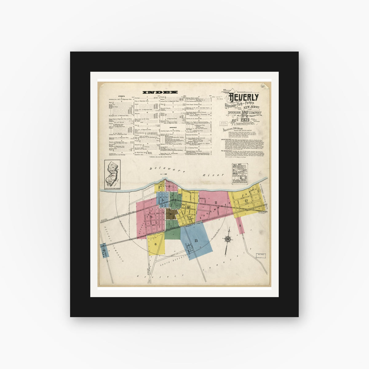Old map wall art mockup — black gallery frame with white mat — Sanborn Fire Insurance Map from Beverly, Burlington County, New Jersey (1921), Sheet #0001