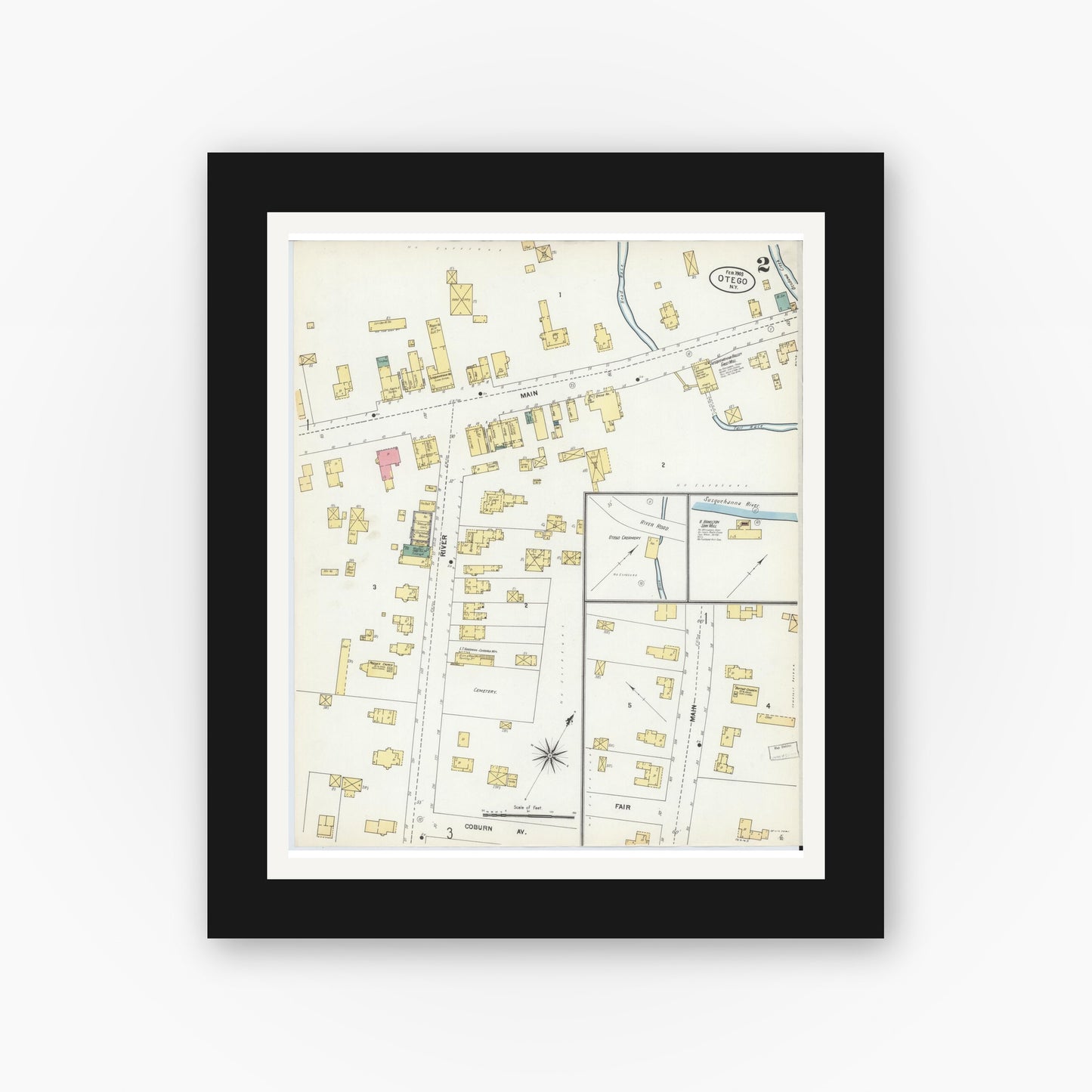 Old map wall art mockup — black gallery frame with white mat — Sanborn Fire Insurance Map from Otego, Otsego County, New York (1903), Sheet #0002