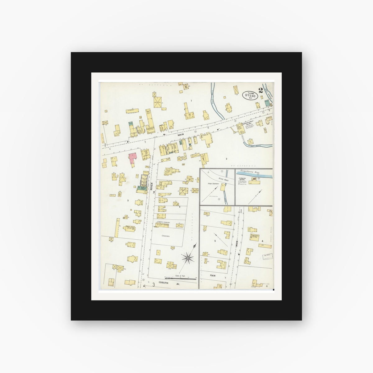 Old map wall art mockup — black gallery frame with white mat — Sanborn Fire Insurance Map from Otego, Otsego County, New York (1903), Sheet #0002