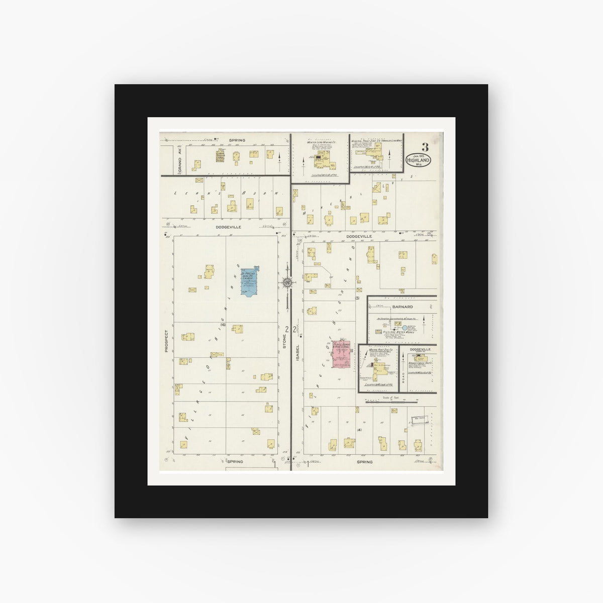 Old map wall art mockup — black gallery frame with white mat — Sanborn Fire Insurance Map from Highland, Iowa County, Wisconsin (1915), Sheet #0003