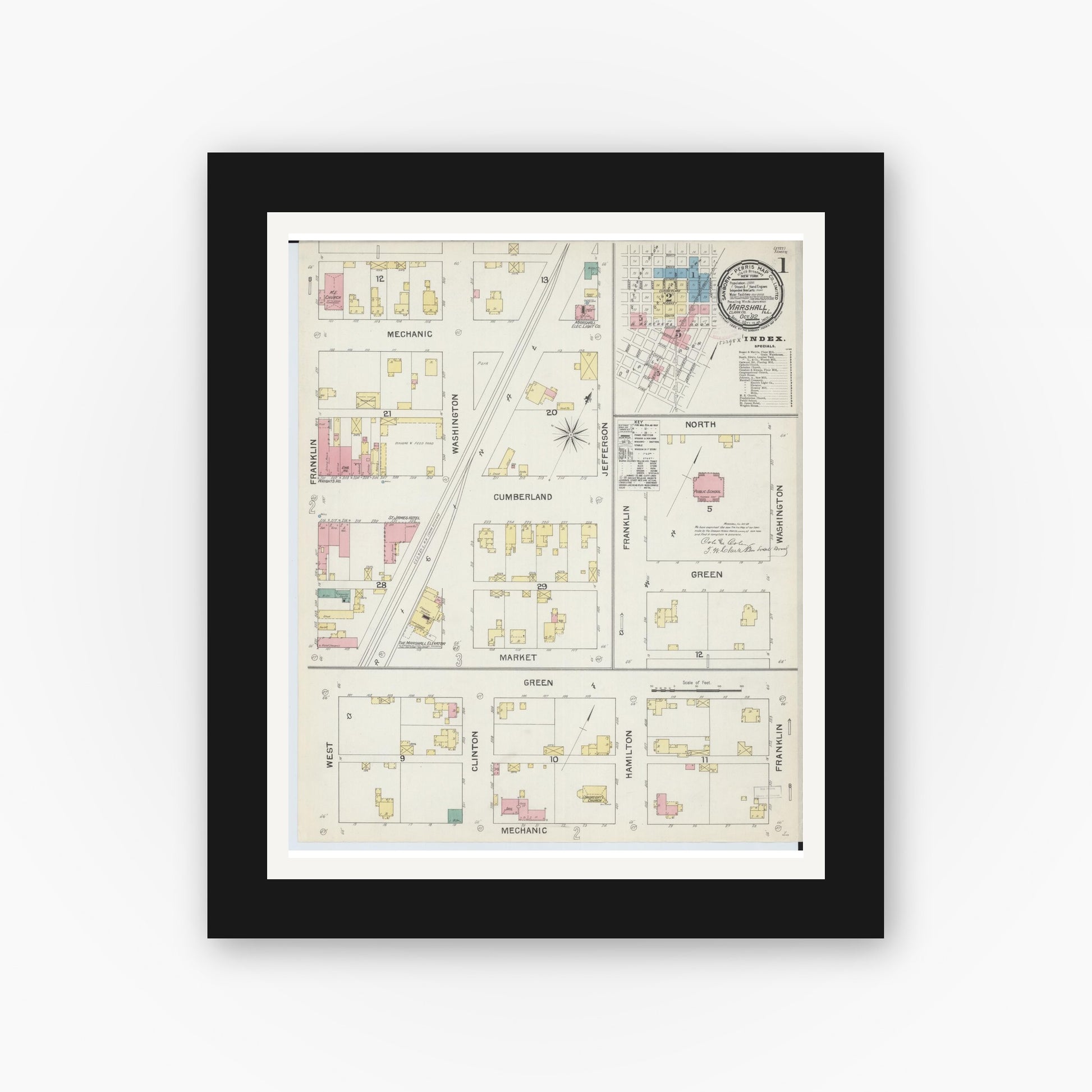 Old map wall art mockup — black gallery frame with white mat — Sanborn Fire Insurance Map from Marshall, Clark County, Illinois (1892), Sheet #0001
